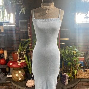 Blue Ribbed Sheath Midi Dress Spaghetti Strap
